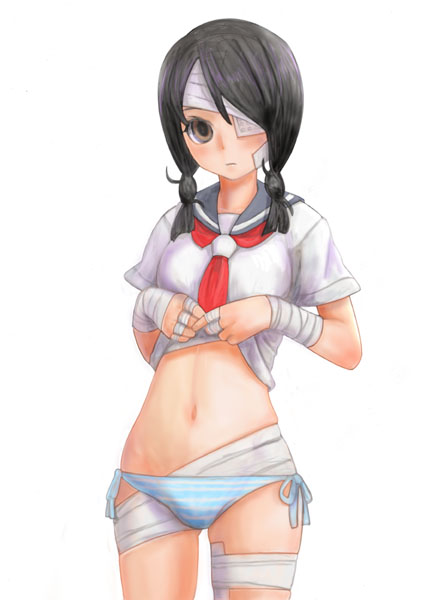 ikara, kobushi abiru, sayonara zetsubou sensei, 00s, 1girl, bandage over one eye, bandages, black hair, braid, brown eyes, eyepatch, female focus, hair over shoulder, no pants, panties, school uniform, serafuku, side-tie panties, solo, striped clothes, striped panties, twin braids, underwear