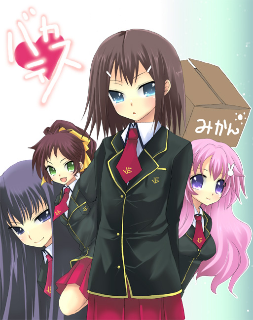 sakurai unan, himeji mizuki, kinoshita hideyoshi, kirishima shouko, shimada minami, baka to test to shoukanjuu, 1boy, 3girls, black hair, blue eyes, box, brown hair, buttons, collar, fumizuki academy school uniform, long hair, long sleeves, looking at viewer, military, military uniform, multiple girls, necktie, pink hair, pleated skirt, purple eyes, red necktie, red skirt, school uniform, serafuku, skirt, trap, very long hair