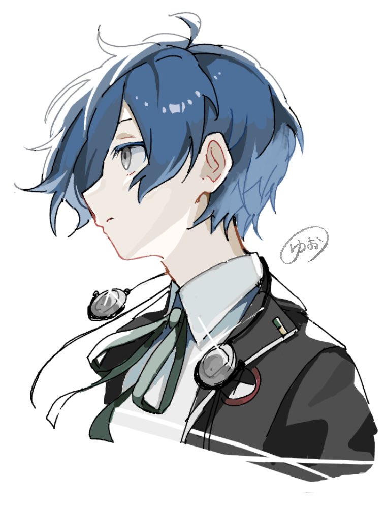 nodoka906, yuuki makoto (persona 3), persona, persona 3, commentary request, 1boy, black jacket, black ribbon, blue hair, closed mouth, collared shirt, cropped shoulders, eyelashes, from side, gekkoukan high school uniform, grey eyes, hair behind ear, headphones, headphones around neck, jacket, lapels, male focus, neck ribbon, parted bangs, profile, ribbon, school emblem, school uniform, shirt, short hair, solo, white background, white shirt, wing collar