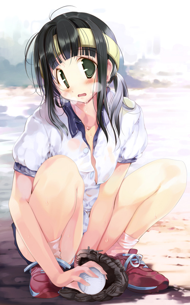 hanpen, puus, original, 1girl, ball, baseball, baseball (object), baseball glove, black hair, blunt bangs, blush, breath, collarbone, dripping, embarrassed, exhausted, female focus, green eyes, headband, looking at viewer, messy hair, open mouth, ponytail, puffy short sleeves, puffy sleeves, red shoes, see-through clothes, shoes, short sleeves, socks, solo, squatting, sweat, unbuttoned, unbuttoned shirt