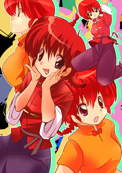 taira tsukune, ranma-chan, saotome ranma, ranma 1/2, bad id, bad pixiv id, 1girl, braid, chinese clothes, genderswap, genderswap (mtf), long hair, multiple views, purple eyes, red hair, single braid, tangzhuang
