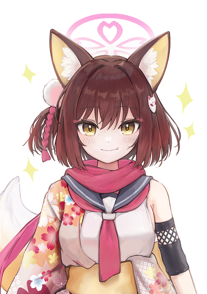 fefee, izuna (blue archive), blue archive, 1girl, animal ear fluff, animal ears, breasts, brown hair, eyeshadow, fang, fox ears, fox girl, fox hair ornament, fox tail, hair between eyes, hair ornament, halo, makeup, medium breasts, obi, pink eyeshadow, pink halo, pink scarf, pom pom (clothes), pom pom hair ornament, sash, scarf, school uniform, serafuku, short hair, skin fang, sleeveless, smile, solo, tail, upper body, yellow eyes