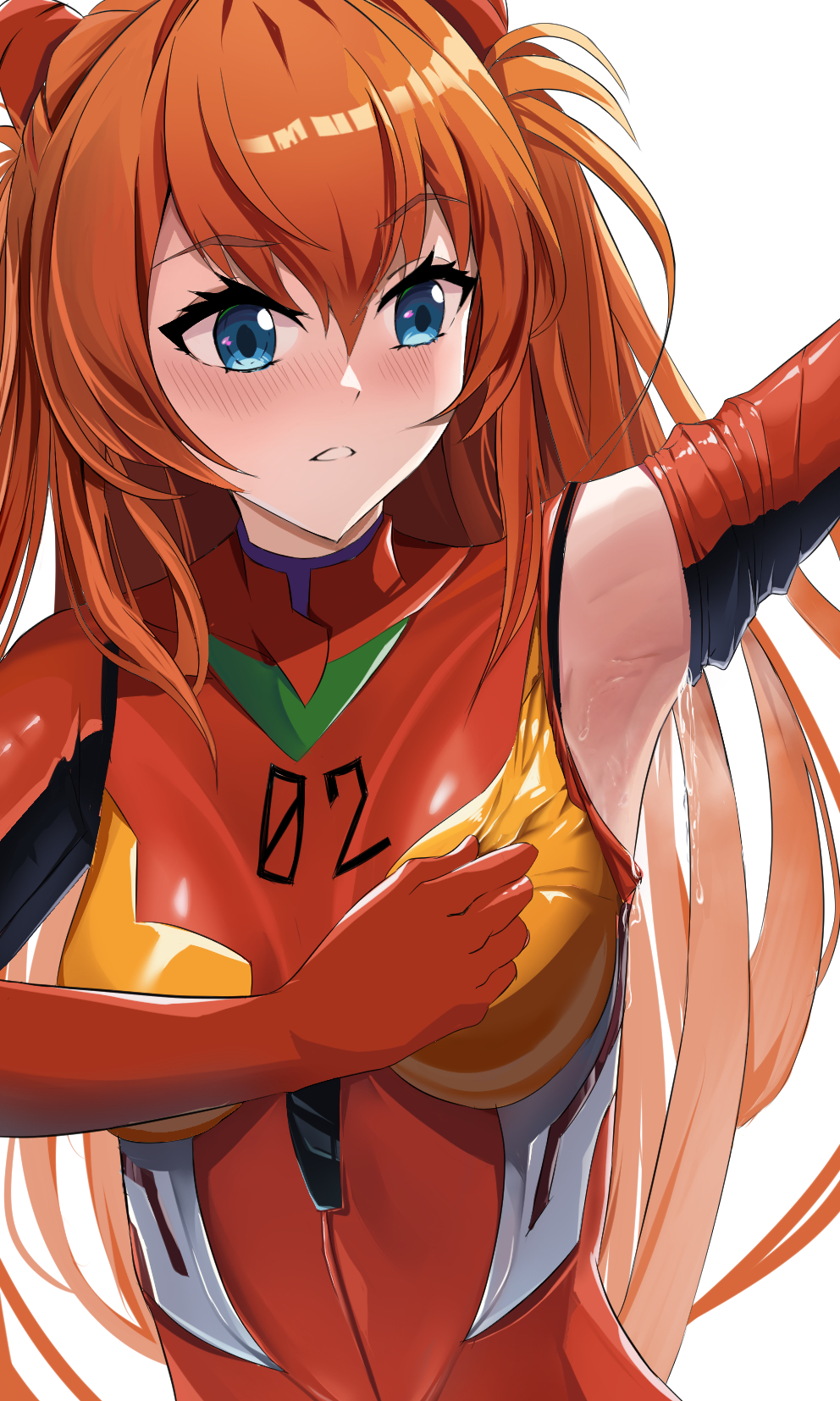 jpno, souryuu asuka langley, neon genesis evangelion, highres, 1girl, arm up, armpits, blue eyes, blush, bodysuit, breasts, closed mouth, long hair, looking at viewer, mecha pilot suit, medium breasts, orange hair, plugsuit (evangelion), red bodysuit, solo, very long hair, white background