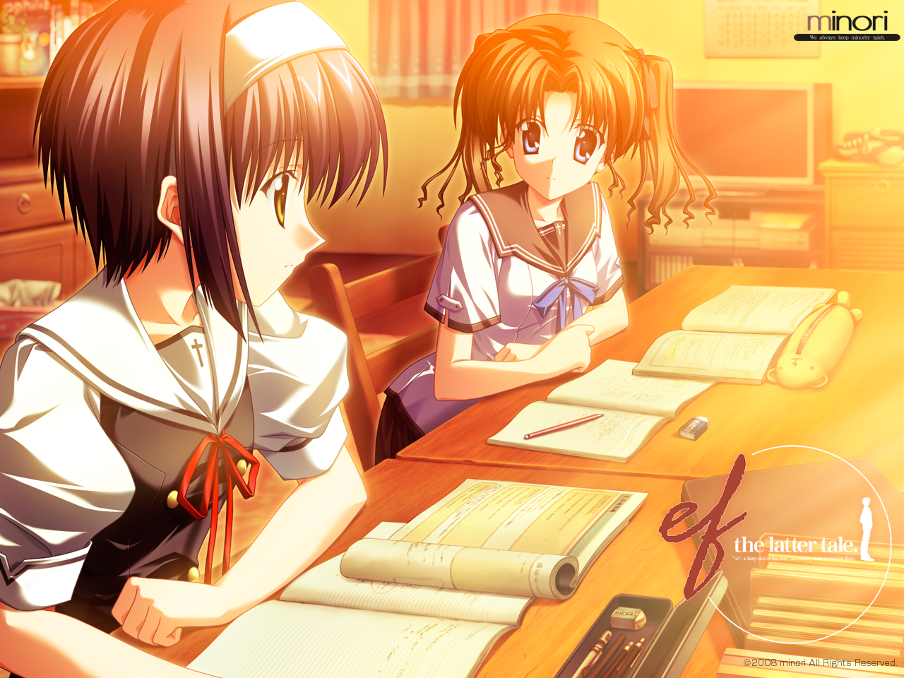 hayama mizuki, shindou kei (ef), ef (visual novel), tagme, 00s, school uniform, serafuku, studying