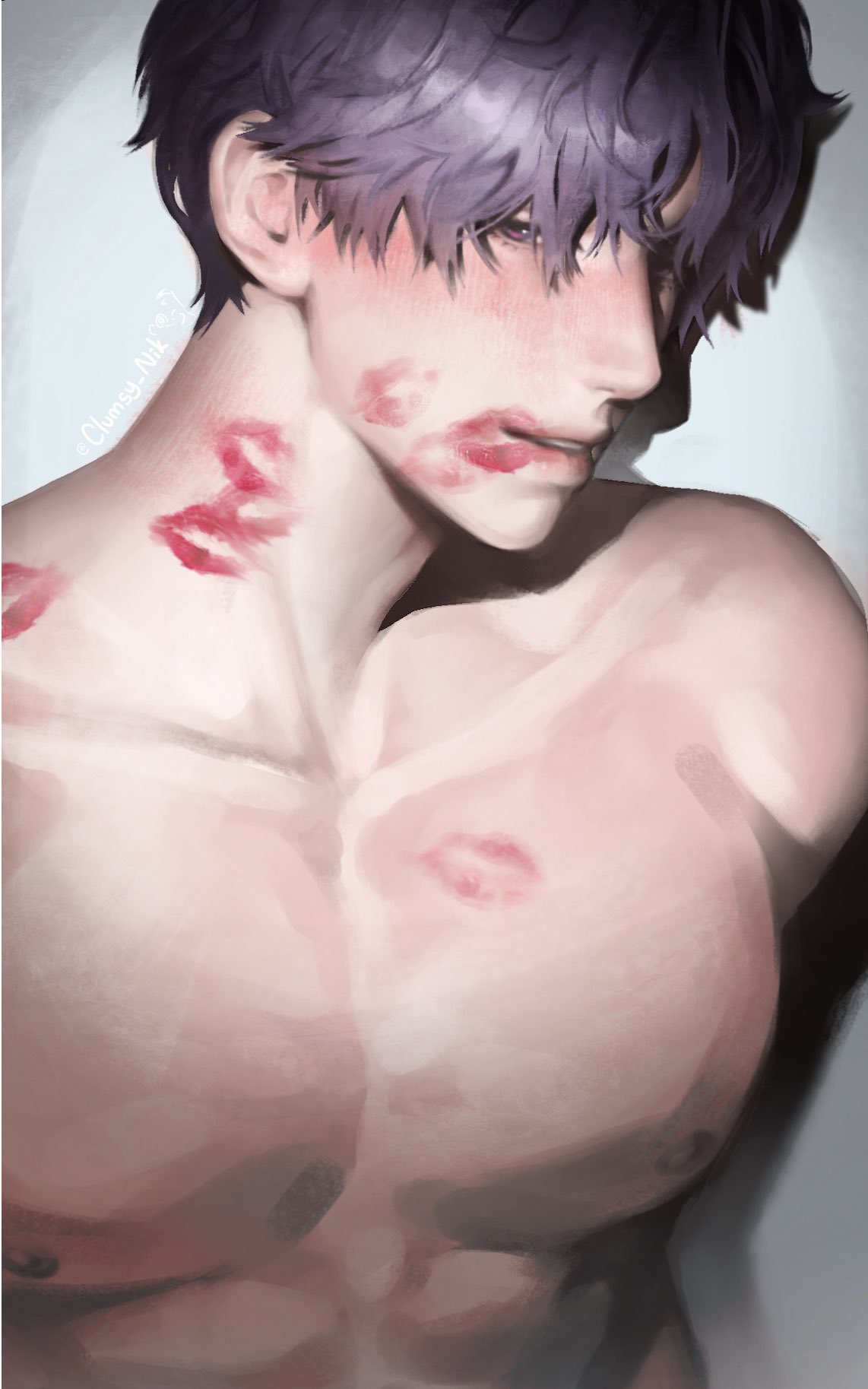 rafayel (love and deepspace), love and deepspace, commentary, english commentary, highres, 1boy, abs, black hair, brown eyes, collarbone, lipstick mark, lipstick mark on chest, lipstick mark on face, lipstick mark on neck, looking at viewer, male focus, nikiclumsy, nipples, nude, parted lips, pectorals, smile, solo, teeth