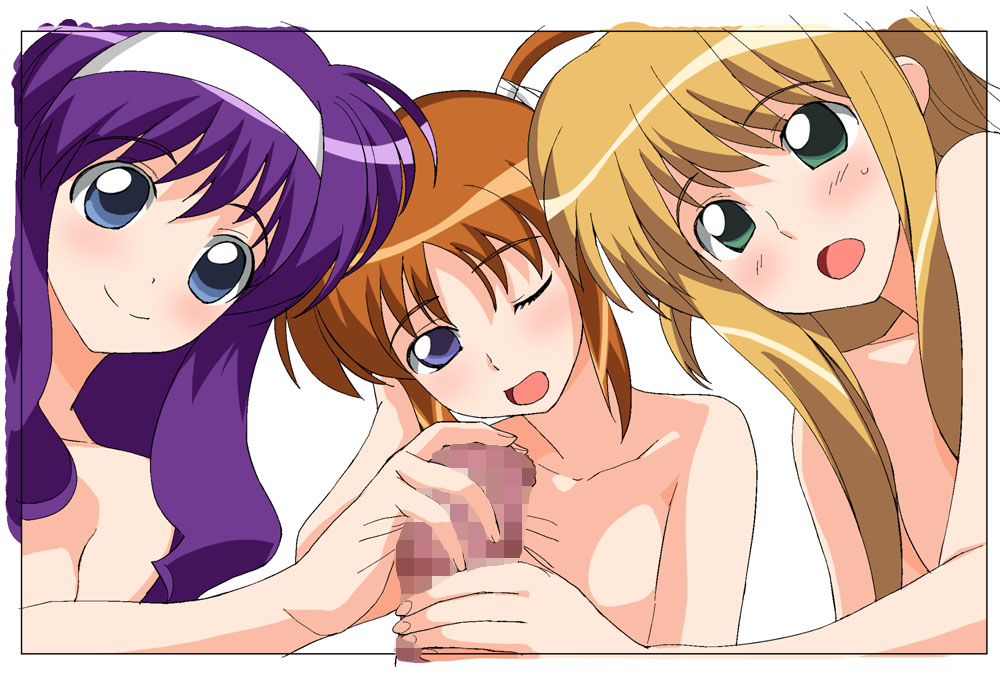 a1 (initial-g), arisa bunnings, takamachi nanoha, tsukimura suzuka, lyrical nanoha, mahou shoujo lyrical nanoha, has uncensored version, 00s, 1boy, 3girls, censored, cooperative handjob, handjob, hetero, loli, multiple girls, penis, teamwork (sexual)