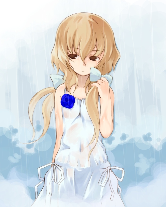 kurasuke, original, blonde hair, bow, brown eyes, dress, rain, solo, wet, wet clothes