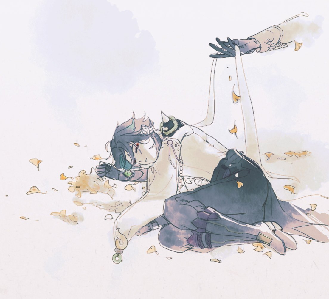 shyy0220, xiao (genshin impact), zhongli (genshin impact), 2boys, ginkgo leaf, leaf, multiple boys, sleeping