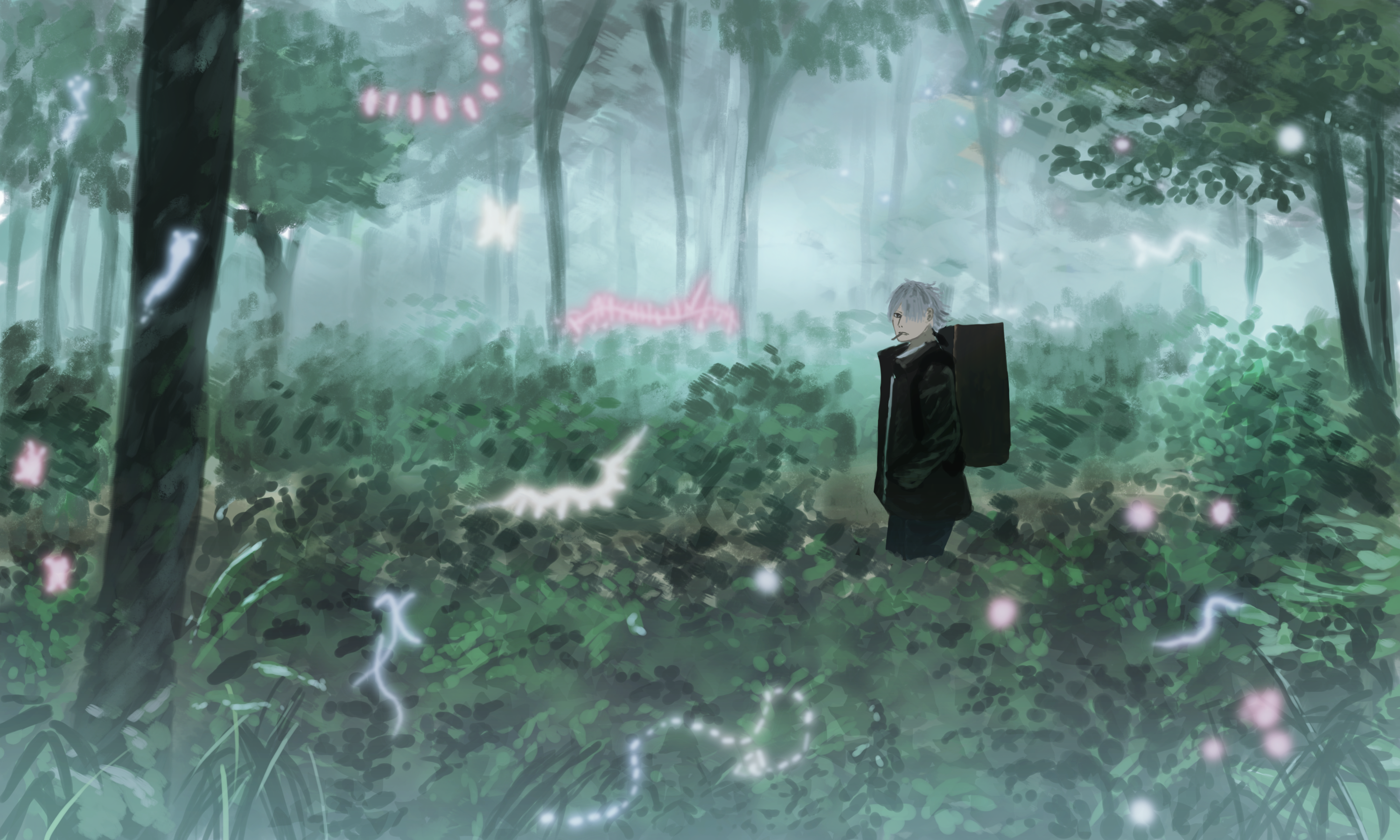 kojomi (7j543), ginko (mushishi), mushishi, highres, 1boy, backpack, bag, black eyes, black jacket, black pants, bush, cigarette, flying, fog, forest, glowing, grass, hair over one eye, hands in pockets, jacket, long sleeves, mushi (mushishi), nature, outdoors, pants, scenery, short hair, smoking, solo, white hair, wide shot