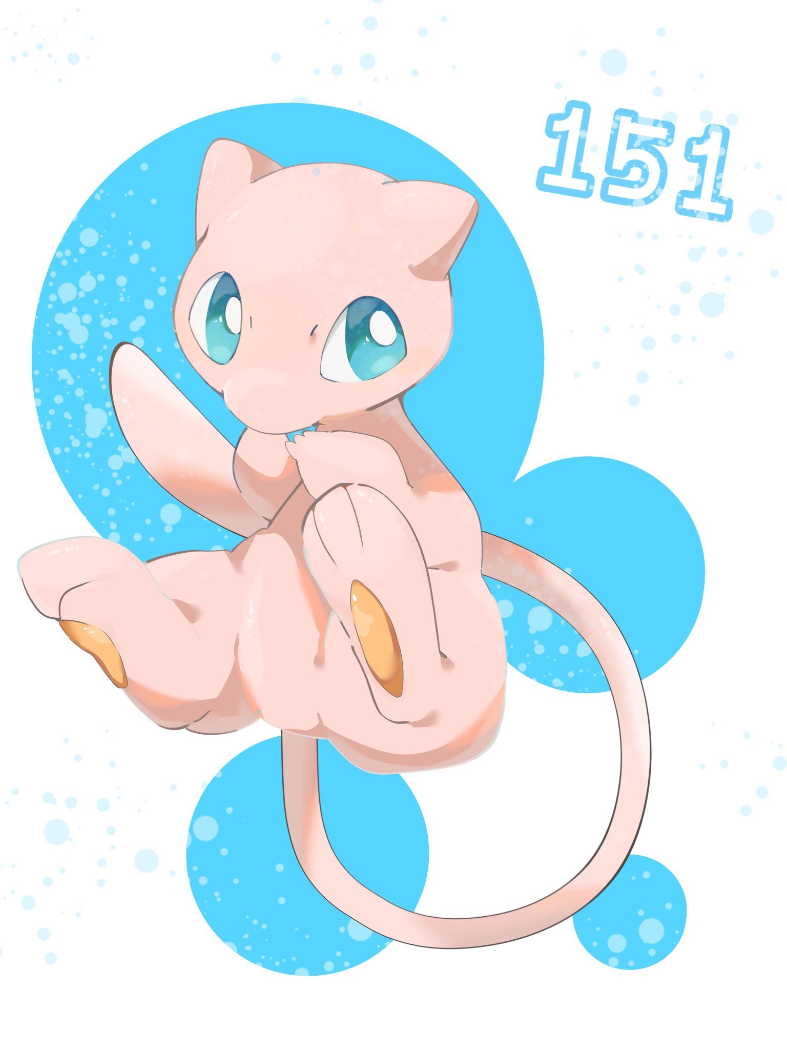 hp7car7nxrq5s7q, mew (pokemon), nintendo, pokemon, highres, blue eyes, floating, full body, gen 1 pokemon, legendary pokemon, looking at viewer, mythical pokemon, no humans, pink fur, pokemon (creature), pokemon focus, solo, tail