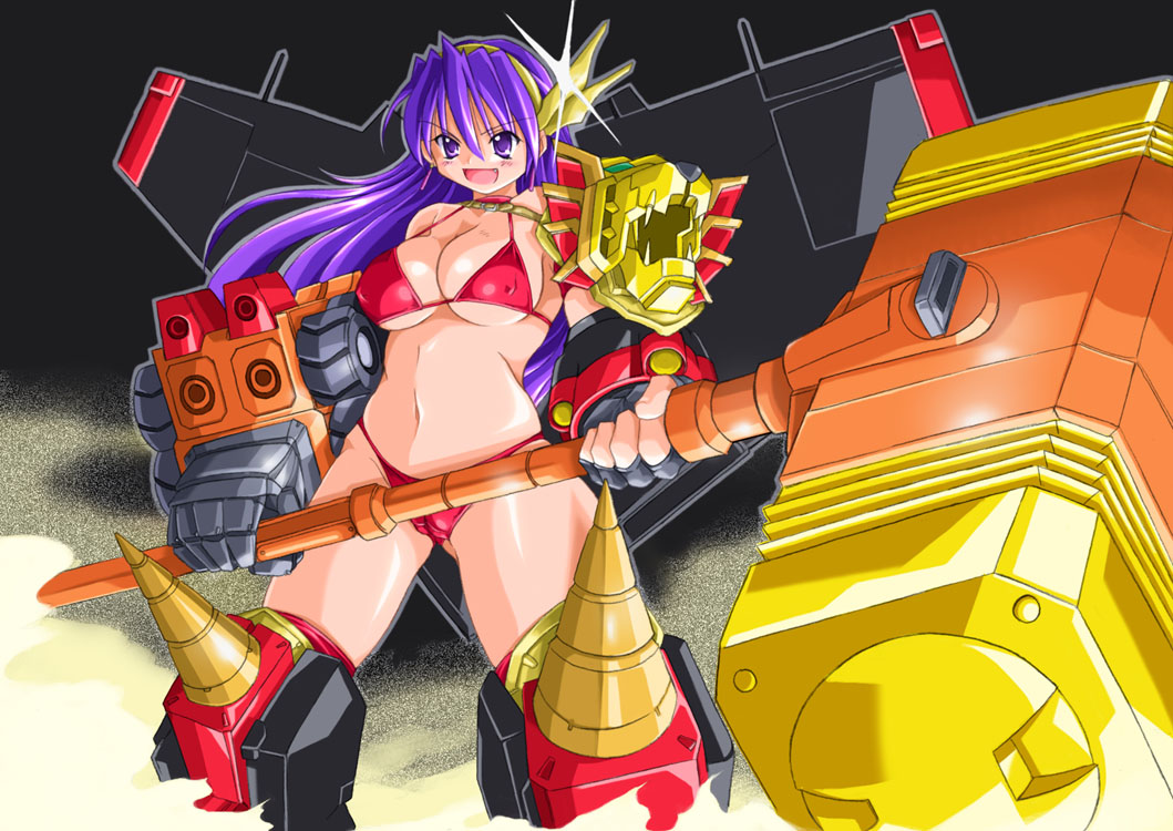 dual beat, asamiya athena, gaogaigar, snk, the king of fighters, yuusha ou gaogaigar, yuusha series, 1girl, bikini, boots, cameltoe, covered erect nipples, female focus, goldion hammer, hammer, huge weapon, long hair, mecha musume, open mouth, oversized object, parody, purple eyes, purple hair, solo, swimsuit, weapon