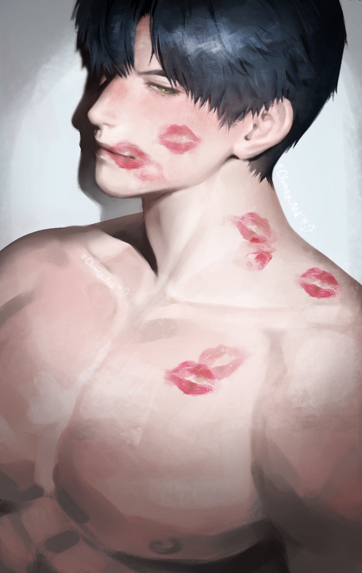 zayne (love and deepspace), love and deepspace, commentary, english commentary, highres, 1boy, black hair, brown eyes, closed mouth, collarbone, lipstick mark, lipstick mark on chest, lipstick mark on face, lipstick mark on neck, looking at viewer, male focus, nikiclumsy, nipples, nude, pectorals, short hair, smile, solo, upper body
