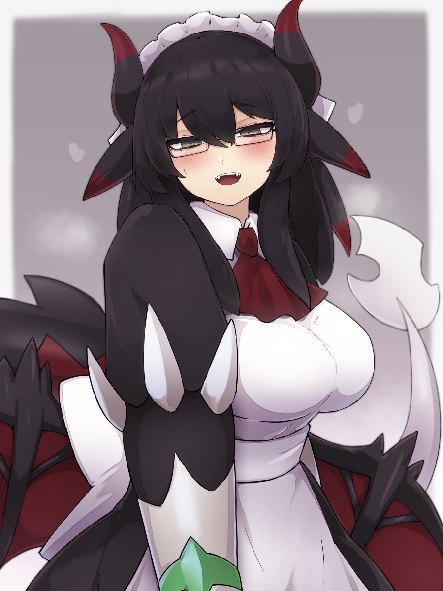 yonaga san, house dragonmaid, yu-gi-oh!, highres, 1girl, apron, black hair, breasts, dragon girl, dragon horns, dragon tail, dragon wings, duel monster, glasses, green eyes, hair between eyes, horns, large breasts, long hair, long sleeves, looking at viewer, low wings, maid, maid apron, open mouth, puffy long sleeves, puffy sleeves, solo, sweat, tail, white apron, wings