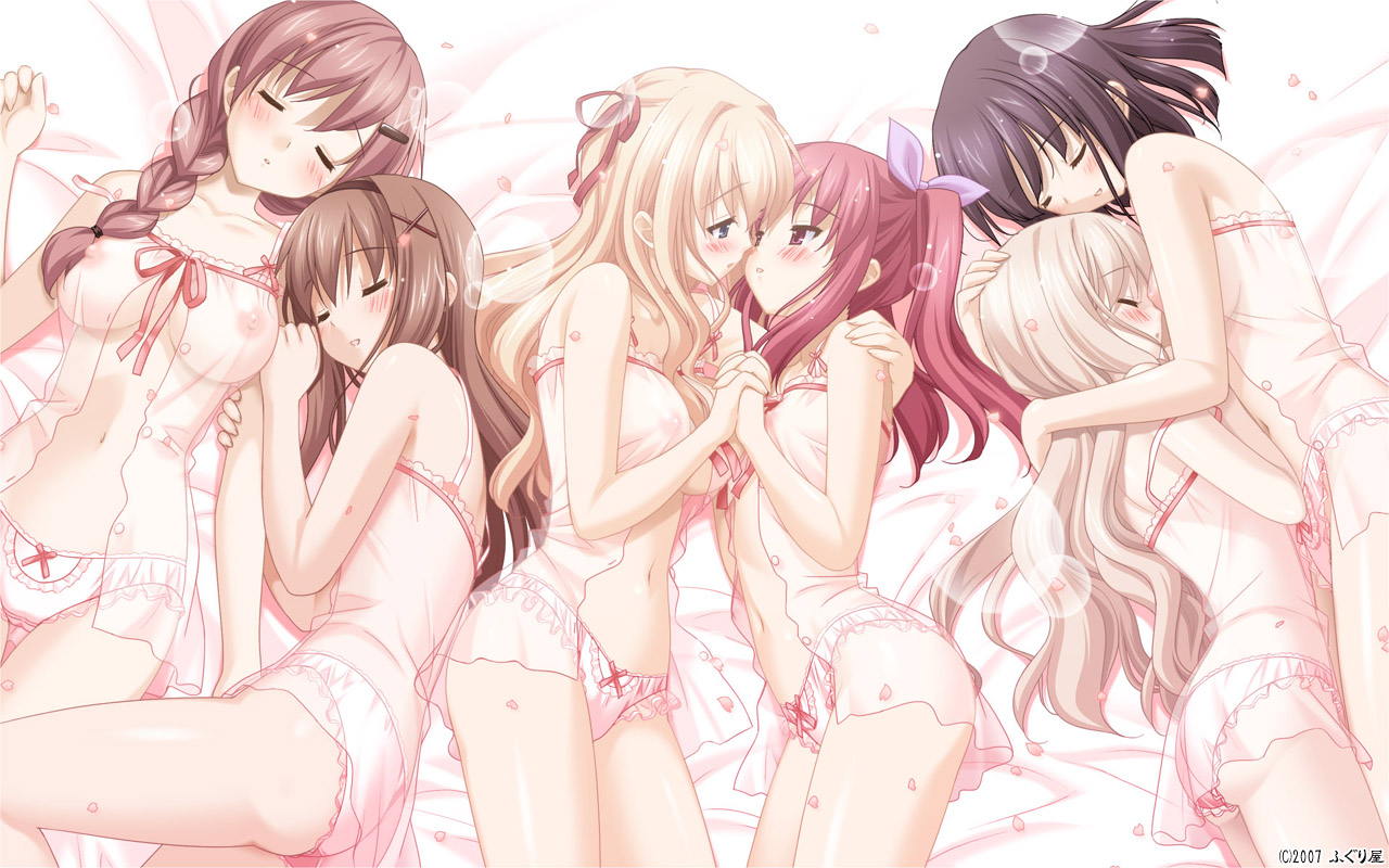kani biimu, kawamura reo, kitajima kaede, kitajima sara, matsubara yuna, matsubara yuuna, oda nanami, sawaguchi mai, sono hanabira ni kuchizuke wo, 6+girls, ass, babydoll, bed, black hair, blonde hair, blue eyes, blush, braid, breasts, brown hair, closed eyes, couple, covered erect nipples, everyone, female focus, hairband, holding hands, hug, incest, interlocked fingers, large breasts, lingerie, long hair, multiple girls, nipples, panties, petals, red eyes, red hair, see-through clothes, short hair, sleeping, take your pick, twintails, underwear, yuri