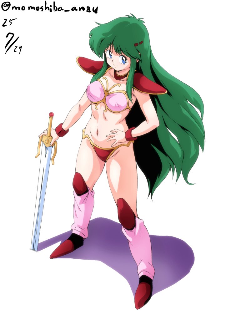 nafta, ayanokouji rem, dream hunter rem, commentary request, 1girl, armor, bikini, bikini armor, blue eyes, bracer, breasts, full body, green hair, groin, hand on own hip, kneehighs, legs apart, long hair, navel, pink bikini, pink socks, red bikini, red shoes, shadow, shoes, shoulder armor, smile, socks, solo, standing, stomach, swimsuit, sword, thighs, weapon