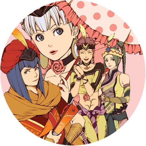 josephine (suikoden), nifsara (suikoden), sharmista (suikoden), shula valya, gensou suikoden, gensou suikoden v, konami, silver hair, lowres, 1boy, 3girls, braid, closed eyes, dress, feathers, flower, green eyes, green hair, hand fan, headband, multiple girls, pink hair, pink theme, polka dot, ponytail, purple eyes, rose, single braid, turban, umbrella