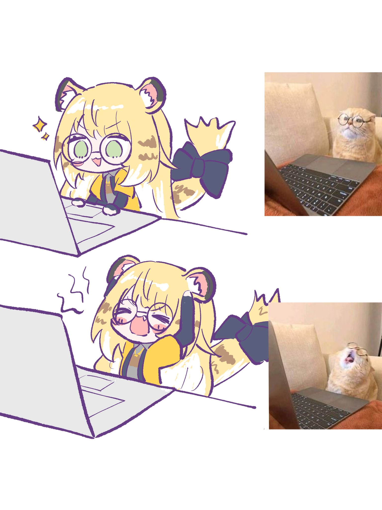 ju fufu, zenless zone zero, highres, 1girl, angry, animal ear fluff, animal ears, blonde hair, blue shirt, bow, cat, colored inner hair, computer, confused, glasses, green eyes, hands on own head, jacket, kesiutu, laptop, long hair, multicolored hair, open mouth, orange fur, shirt, solo, sparkle, striped fur, striped hair, tail, tail bow, tail ornament, tiger ears, tiger girl, tiger stripes, tiger tail, yellow jacket