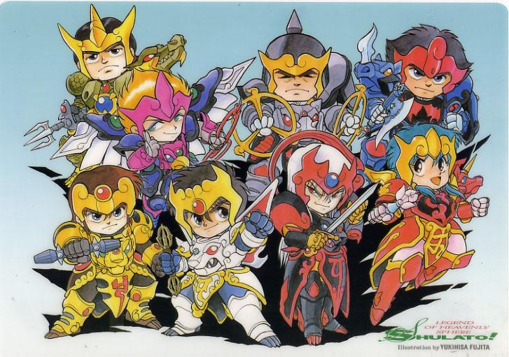 rouma, dappa-oh kuuya, hiba-oh dan, karura-oh reiga, naara-oh renge, ryuu-oh ryouma, shura-oh shurato, shurato, ten-oh hyuuga, yasha-oh gai, tenkuu senki shurato, 1girl, 6+boys, :d, armor, bodysuit, brown hair, chibi, crown, full body, gem, headpiece, helmet, holding, holding sword, holding weapon, looking at viewer, multiple boys, open mouth, polearm, smile, spear, standing, sword, weapon, yellow eyes