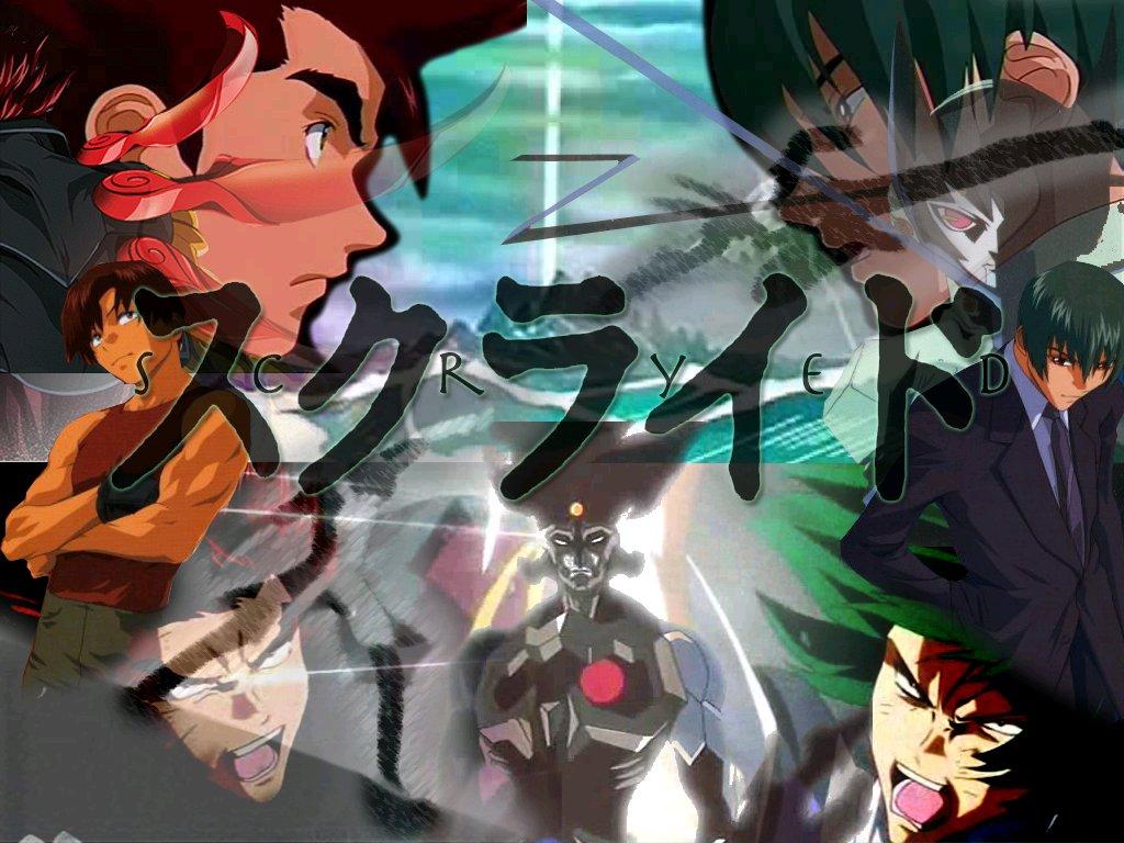 kazuma (scryed), ryuhou, scryed, 00s, 2boys, alter form, brown hair, close-up, closed eyes, closed mouth, expressionless, from side, green eyes, green hair, multiple boys, profile, short hair, upper body, wince