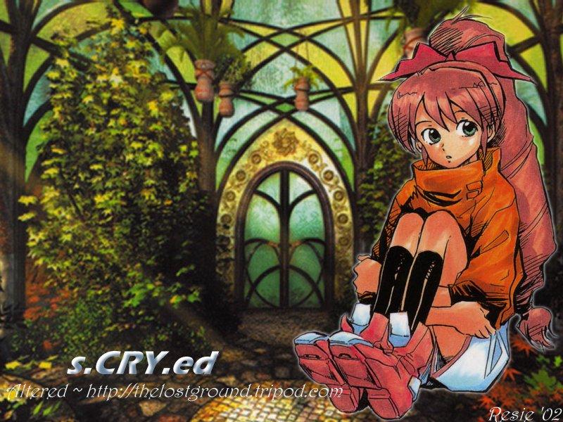 resie, yuuta kanami, scryed, 00s, 1girl, boots, female focus, green eyes, hair ribbon, hugging own legs, jacket, kneehighs, long hair, orange shirt, pink hair, ponytail, ribbon, shirt, shorts, sitting, socks, solo, white shorts