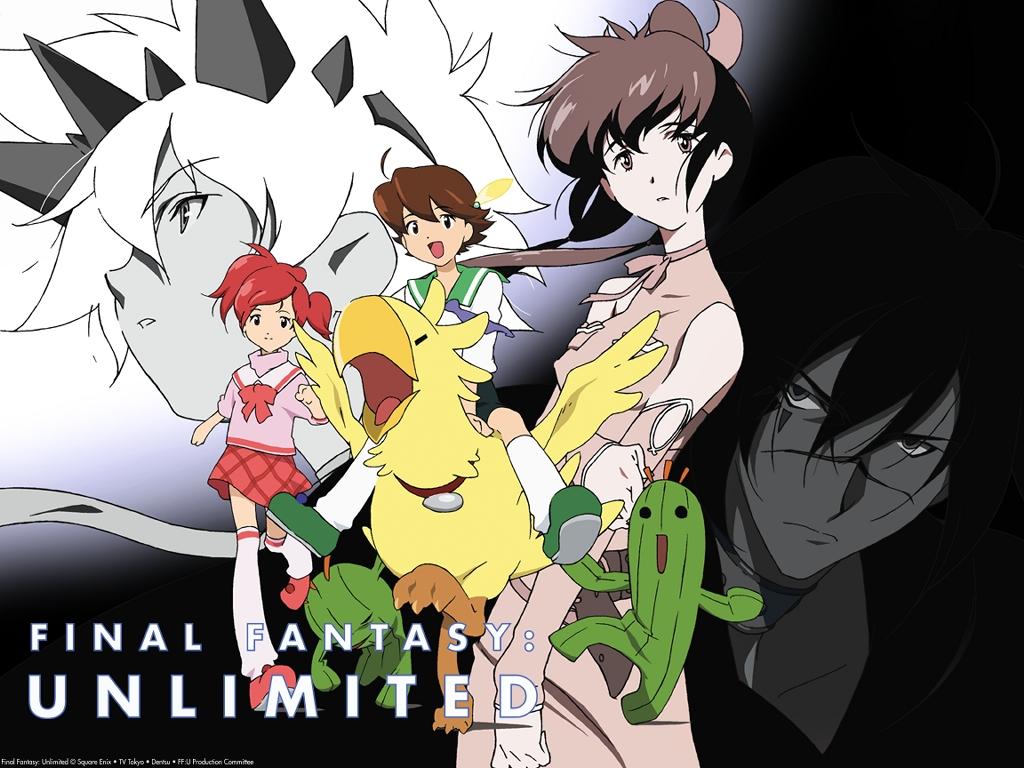chocobo, hayakawa ai, hayakawa yuu, kuroki kaze, lisa pacifist, makenshi (ffu), shiroi kumo, final fantasy, final fantasy unlimited, official art, official wallpaper, 00s, 1990s (style), 2boys, 3girls, black background, copyright name, gradient background, multiple boys, multiple girls, retro artstyle, white background