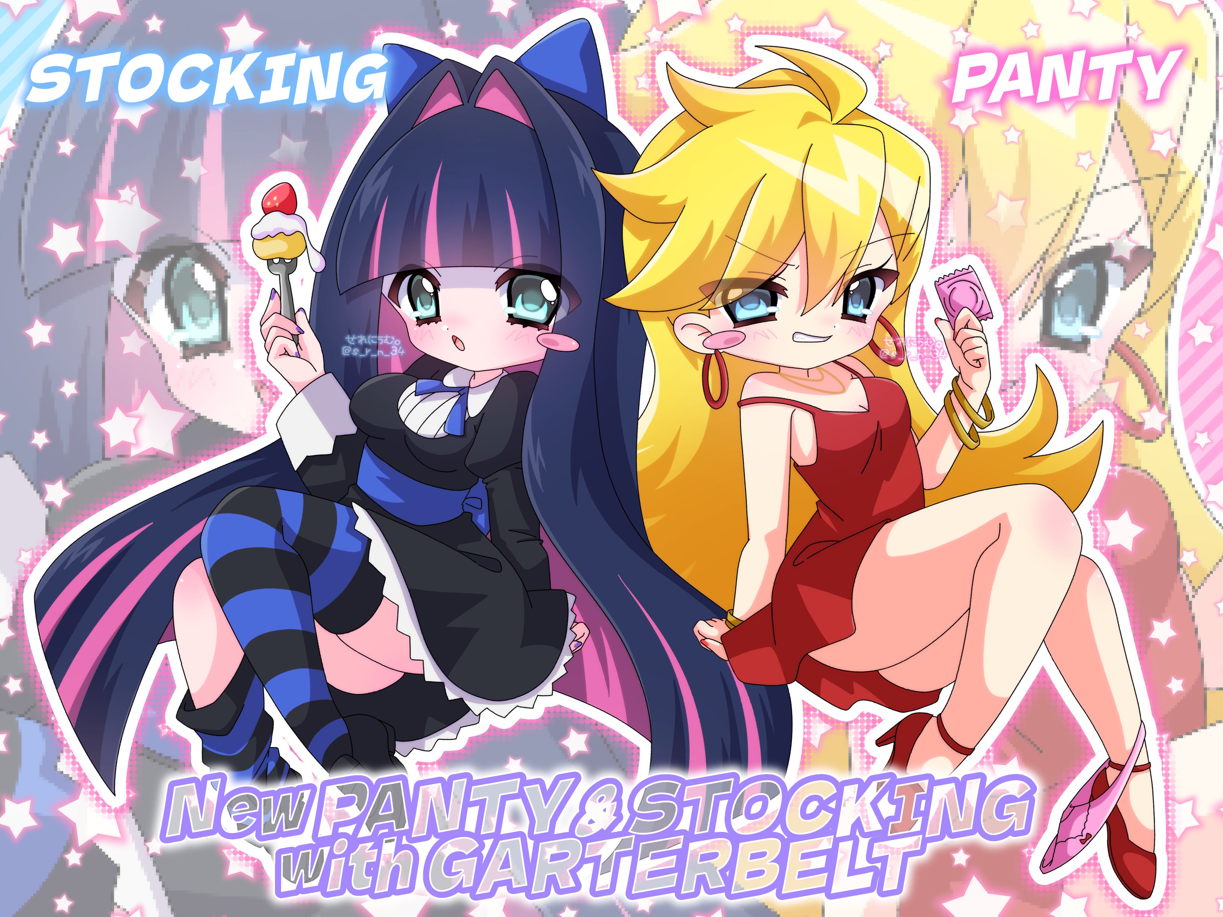 selenium, panty (psg), stocking (psg), panty & stocking with garterbelt, absurdres, highres, 2girls, back bow, ben-day dots, black dress, blonde hair, blue bow, blue eyes, blush, bow, breasts, character cutout, character name, colored inner hair, condom, copyright name, dress, fork, gothic lolita, green eyes, hair bow, high heels, holding, holding condom, holding fork, lolita fashion, long hair, multicolored hair, multiple girls, panties, pink panties, pink streaks, purple hair, red dress, red shoes, screentones, shoes, siblings, sisters, star (symbol), striped clothes, striped thighhighs, thighhighs, thighs, underwear, zoom layer