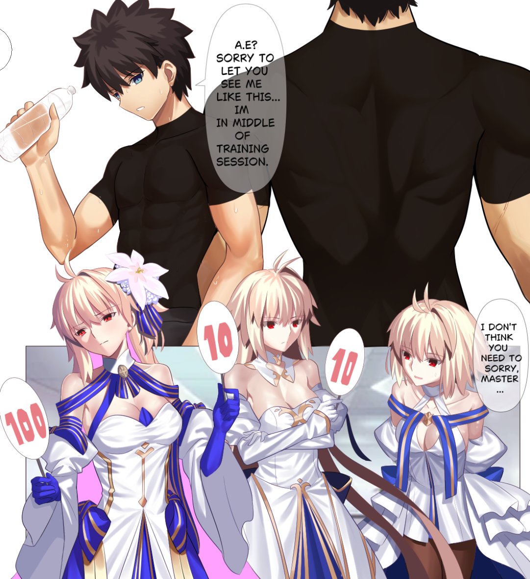 longdq3008, archetype earth, archetype earth (third ascension), arcueid brunestud, arcueid brunestud (mooncancer), fujimaru ritsuka (male), fate/grand order, fate (series), commentary, english commentary, 1boy, 3girls, antenna hair, black hair, black shirt, blonde hair, blue eyes, breasts, cleavage, covered abs, english text, expressionless, hetero, long hair, medium breasts, multiple girls, multiple persona, multiple views, pantyhose, red eyes, scorecard, shirt, short hair, speech bubble, toned, toned male