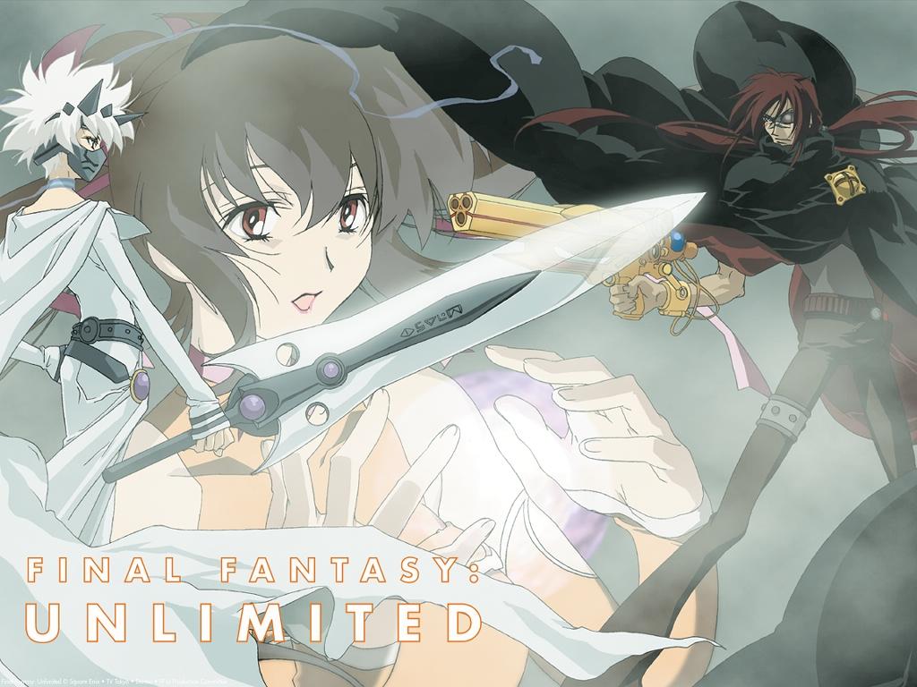 kuroki kaze, lisa pacifist, makenshi (ffu), shiroi kumo, final fantasy, final fantasy unlimited, official art, official wallpaper, 00s, 1990s (style), 1girl, 2boys, mask, multiple boys, retro artstyle