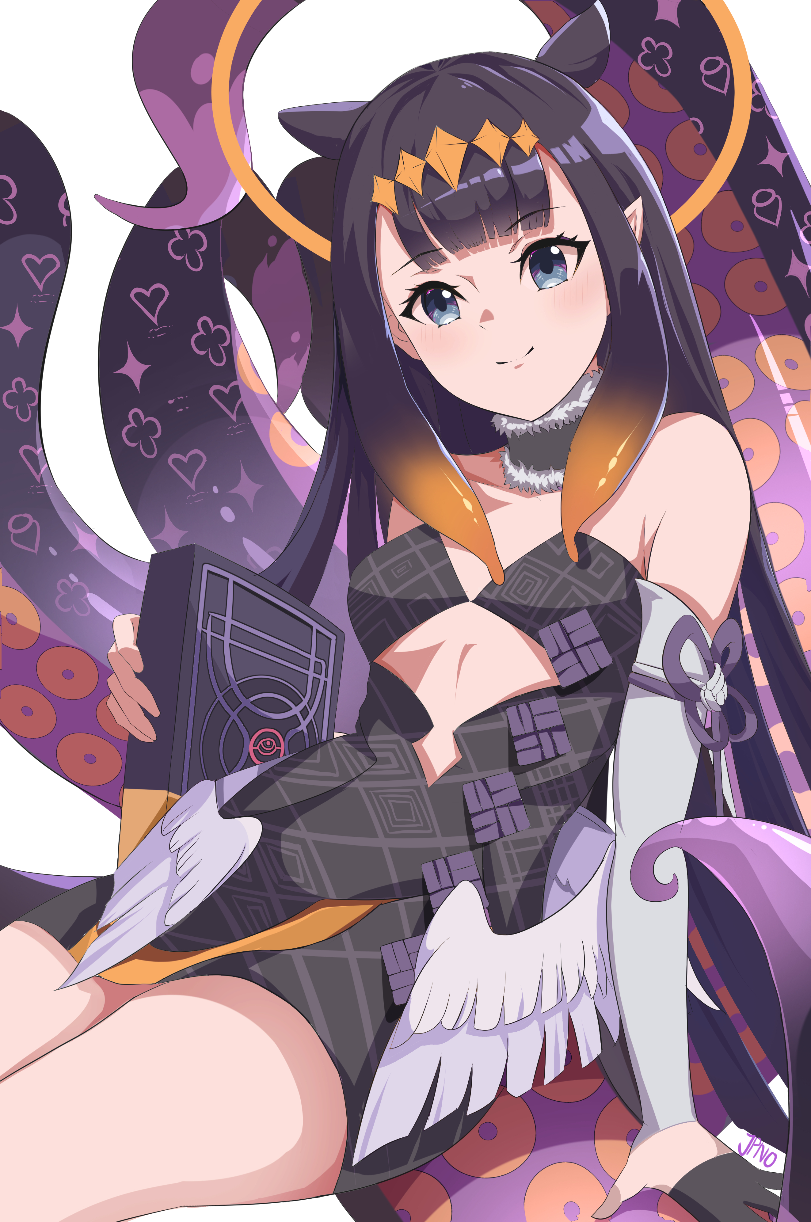 jpno, ao-chan (ninomae ina'nis), ninomae ina'nis, ninomae ina'nis (1st costume), hololive, hololive english, absurdres, highres, 1girl, black dress, black hair, book, closed mouth, dress, feathered wings, grey eyes, holding, holding book, long hair, looking at viewer, low wings, pointy ears, smile, solo, strapless, strapless dress, tentacle hair, tube dress, very long hair, virtual youtuber, wings