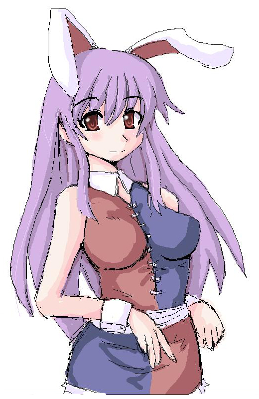 reisen udongein inaba, yagokoro eirin, touhou, 1girl, animal ears, breasts, cosplay, female focus, rabbit ears, simple background, solo, standing, white background, yagokoro eirin (cosplay)