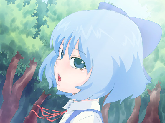 chimosaku, cirno, embodiment of scarlet devil, touhou, 1girl, blue hair, female focus, forest, nature, outdoors, plant, ribbon, solo