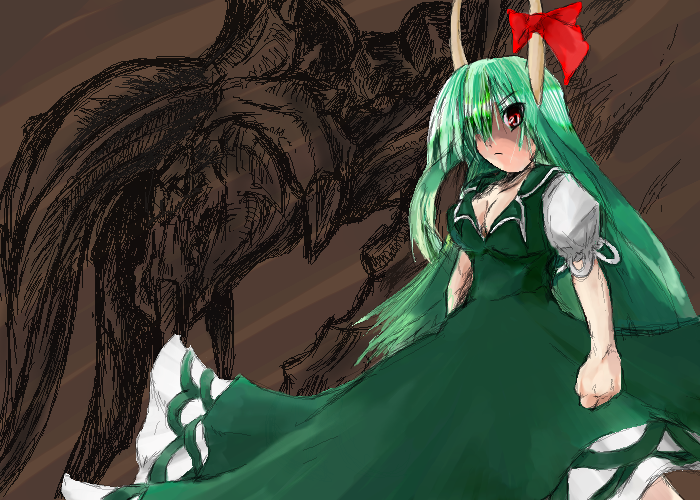 ex-keine, kamishirasawa keine, touhou, 1girl, female focus, green hair, horn ornament, horn ribbon, horns, long hair, oekaki, ribbon, solo, standing