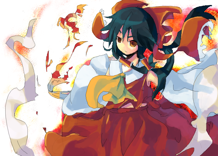hakurei reimu, touhou, 1girl, female focus, japanese clothes, miko, ribbon, skirt, solo, white background