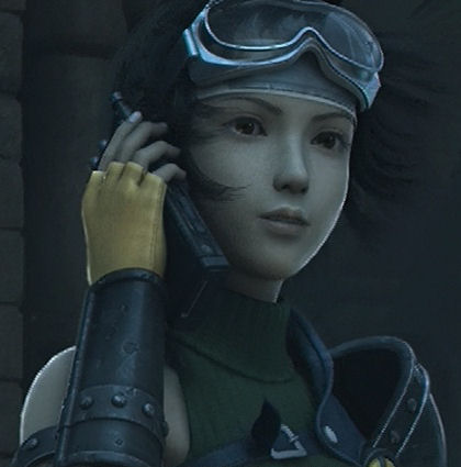 yuffie kisaragi, dirge of cerberus final fantasy vii, final fantasy, final fantasy vii, screencap, lowres, 1990s (style), 1girl, 3d, armor, black hair, brown eyes, female focus, fingerless gloves, gloves, goggles, headband, radio, retro artstyle, short hair, sleeveless, sleeveless turtleneck, solo, turtleneck