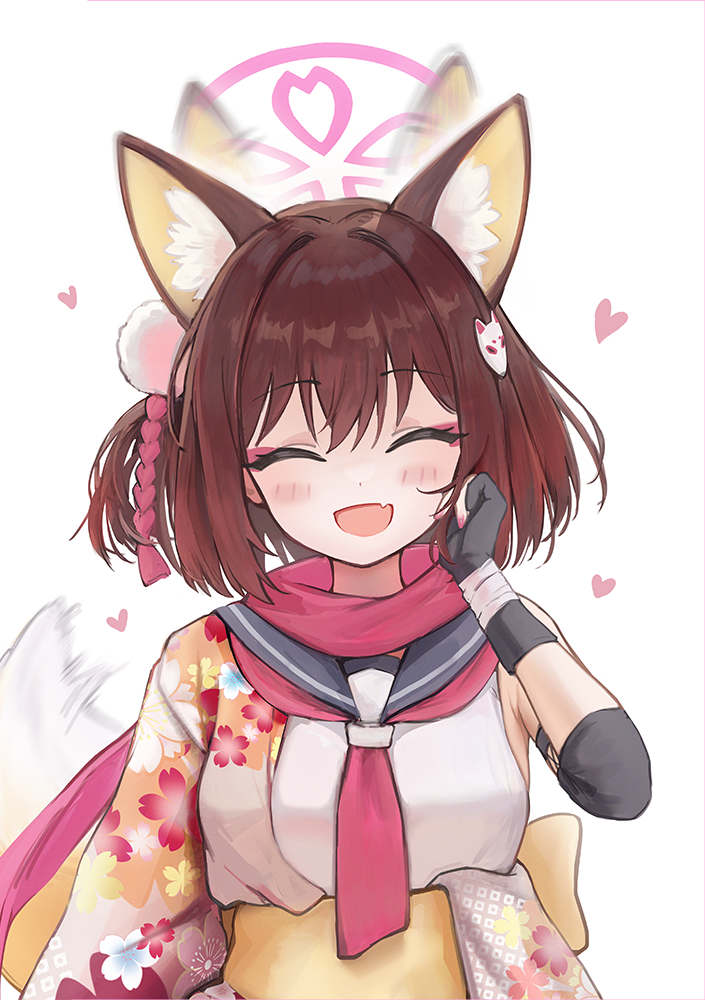 fefee, izuna (blue archive), blue archive, 1girl, afterimage, animal ear fluff, animal ears, black gloves, breasts, brown hair, closed eyes, ear wiggle, eyeshadow, fang, fox ears, fox girl, fox hair ornament, fox tail, gloves, hair between eyes, hair ornament, halo, hand on own cheek, hand on own face, heart, makeup, medium breasts, obi, open mouth, partially fingerless gloves, pink eyeshadow, pink halo, pink scarf, pom pom (clothes), pom pom hair ornament, sash, scarf, school uniform, serafuku, short hair, skin fang, sleeveless, smile, solo, tail, tail wagging, upper body