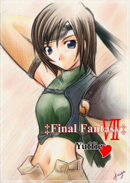 kaiga, yuffie kisaragi, final fantasy, final fantasy vii, 1990s (style), 1girl, armor, blue eyes, brown hair, character name, copyright name, female focus, headband, midriff, open fly, retro artstyle, short hair, sleeveless, sleeveless turtleneck, solo, turtleneck, unzipped
