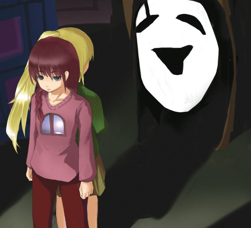 madotsuki, poniko, uboa, yume nikki, 2girls, adapted costume, arms at sides, back-to-back, blonde hair, braid, brown hair, clenched hands, expressionless, green eyes, head tilt, long sleeves, monster, multiple girls, pants, pink shirt, ponytail, shade, shadow, shirt, single braid, skirt, solo focus, standing, sweater