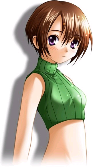 yuffie kisaragi, final fantasy, final fantasy vii, 1990s (style), 1girl, bare shoulders, blush, brown hair, female focus, midriff, purple eyes, retro artstyle, short hair, sleeveless, sleeveless turtleneck, solo, turtleneck