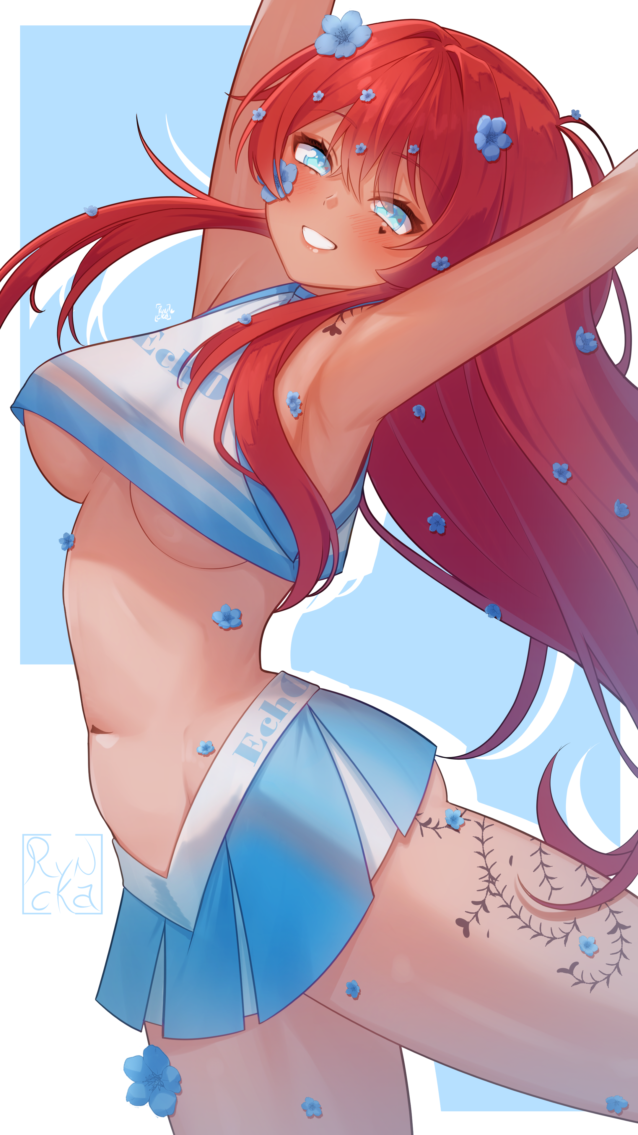 ryncka, echo thorns, indie virtual youtuber, 1girl, armpits, arms up, artist name, blue background, blue eyes, blue flower, blue hair, blue shirt, blue skirt, blush, breasts, character name, cheerleader, cowboy shot, cropped shirt, dark-skinned female, dark skin, eyelashes, facial tattoo, female focus, flower, from side, grin, large breasts, leg tattoo, long hair, looking at viewer, looking to the side, navel, outstretched arms, red hair, shirt, simple background, skirt, sleeveless, sleeveless shirt, smile, solo, standing, standing on one leg, tattoo, tattoo under eye, teeth, thighs, two-tone background, two-tone shirt, two-tone skirt, underboob, virtual youtuber, white background, white shirt, white skirt