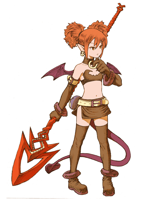 diolemonde, etna (disgaea), disgaea, final fantasy, final fantasy tactics, makai senki disgaea 2, nippon ichi, 1girl, demon girl, elder spear, female focus, flat chest, full body, holding behind back, holding polearm, holding polearm behind back, holding weapon, holding weapon behind back, parody, pointy ears, polearm, simple background, solo, spear, style parody, tail, thighhighs, twintails, weapon, wings