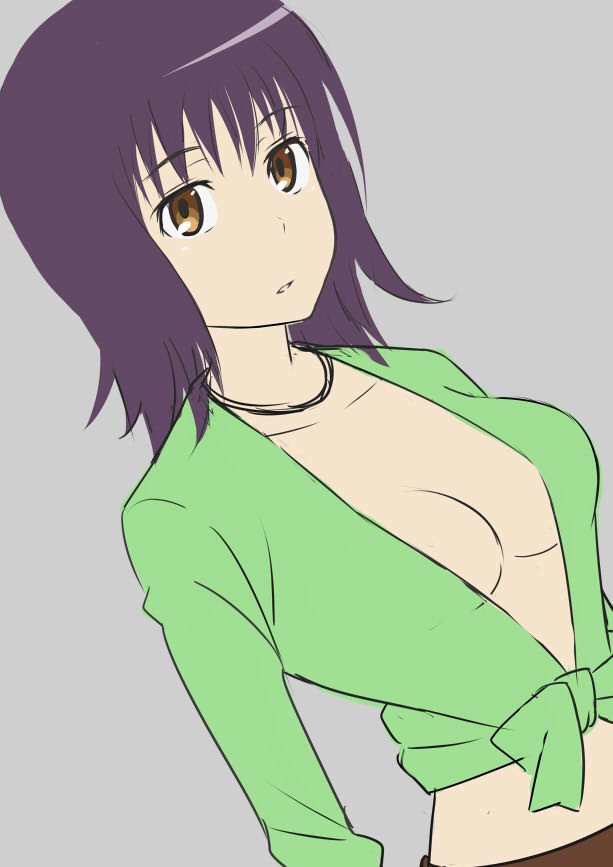 jack-barro, itsuwa, toaru majutsu no index, toaru majutsu no index: old testament, commentary, 1girl, belt, black hair, breasts, brown belt, brown eyes, cleavage, collarbone, dutch angle, green shirt, grey background, long sleeves, looking at viewer, medium breasts, medium hair, midriff, open clothes, open shirt, parted lips, shirt, simple background, solo, tied shirt, upper body