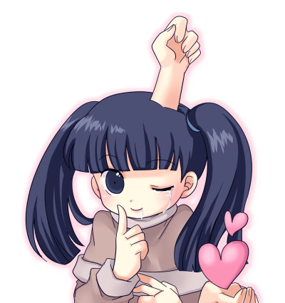 monoko, yume nikki, lowres, 1girl, black eyes, black hair, extra arms, female focus, head tilt, heart, index finger raised, long hair, one eye closed, raised eyebrows, smile, solo, tears, twintails