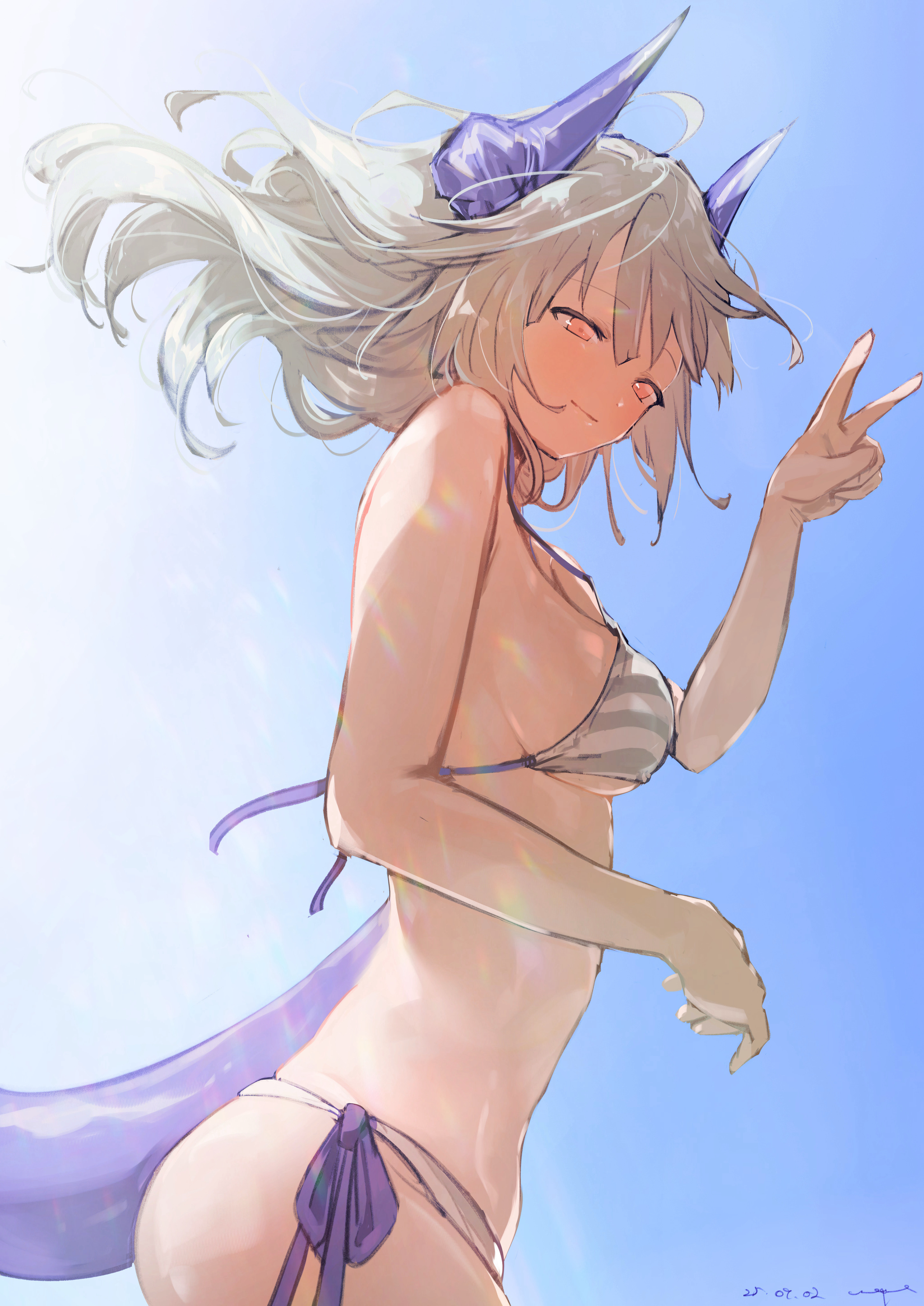 pppmepl, liskarm (arknights), arknights, absurdres, highres, 1girl, bikini, breasts, dated, dragon girl, dragon horns, dragon tail, horns, long hair, medium breasts, signature, solo, striped bikini, striped clothes, swimsuit, tail, v