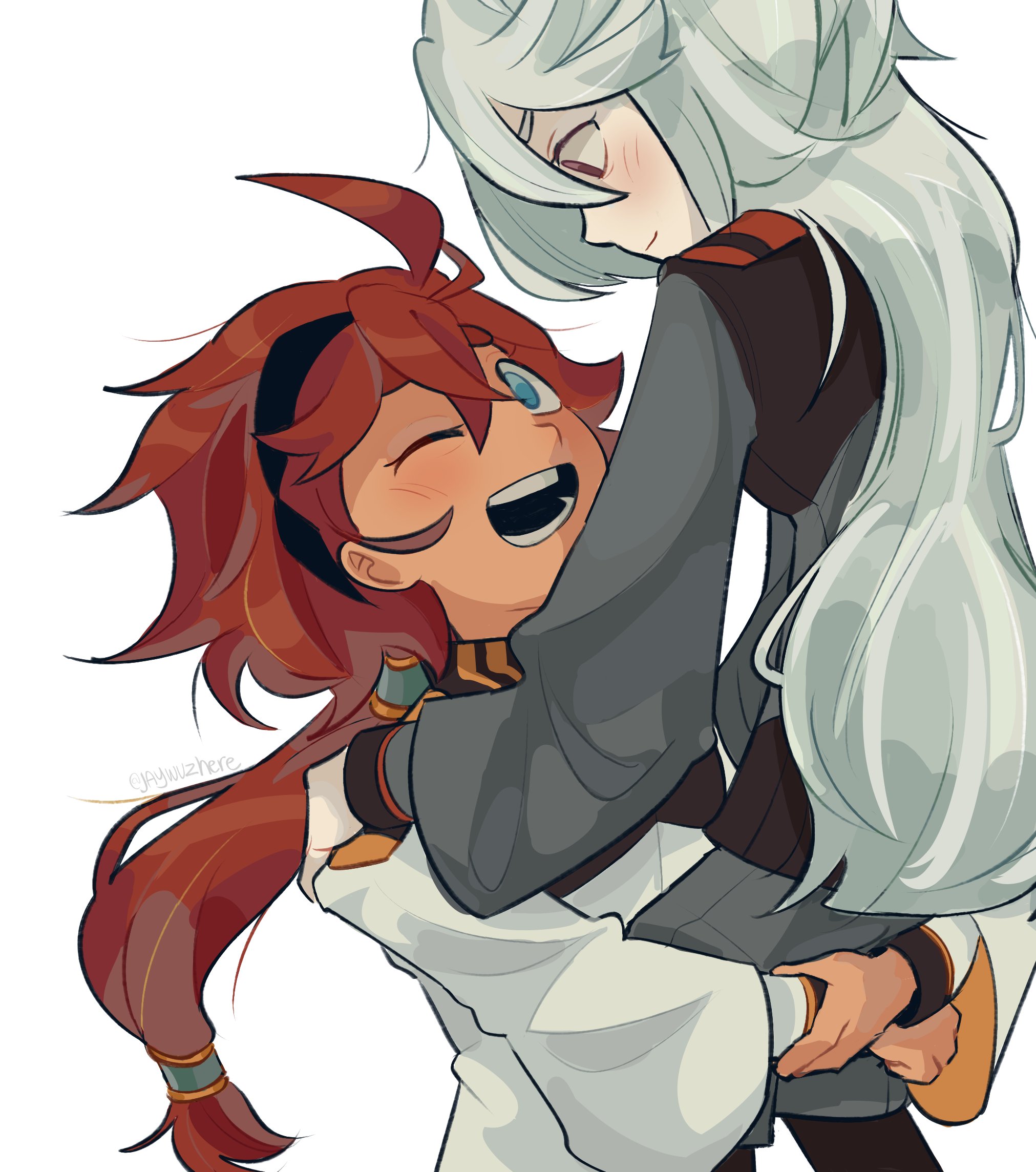 miorine rembran, suletta mercury, gundam, gundam suisei no majo, commentary, english commentary, highres, 2girls, artist name, asticassia school uniform, black hairband, blue eyes, blush, carrying, carrying person, grey jacket, hairband, hand on another's shoulder, jacket, jaywuzhere, long hair, multiple girls, one eye closed, open mouth, ponytail, purple eyes, red hair, school uniform, simple background, smile, white background, white hair, white jacket, yuri
