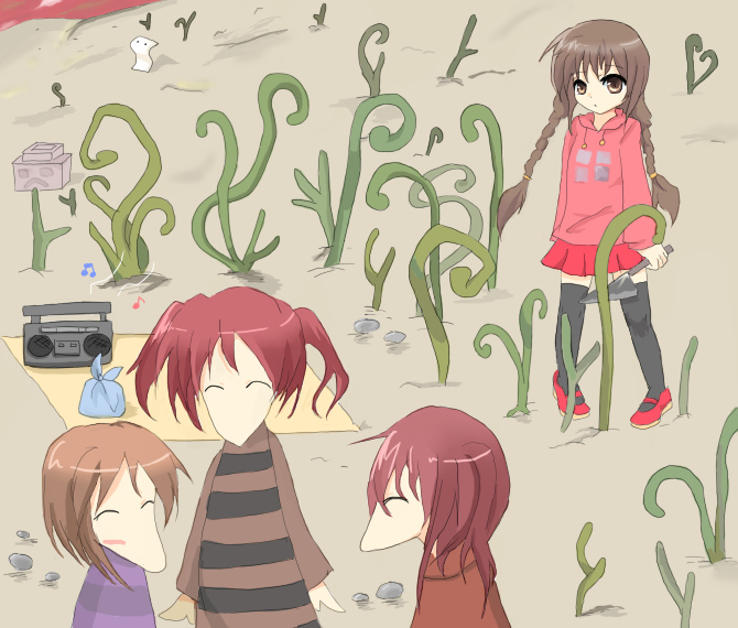 sakusan (vofmkj08), madotsuki, toriningen, yume nikki, bad id, bad pixiv id, 4girls, arms at sides, braid, knife, multiple girls, pink shirt, plant, radio, shirt, skirt, thighhighs, twin braids, twintails, vines, zettai ryouiki