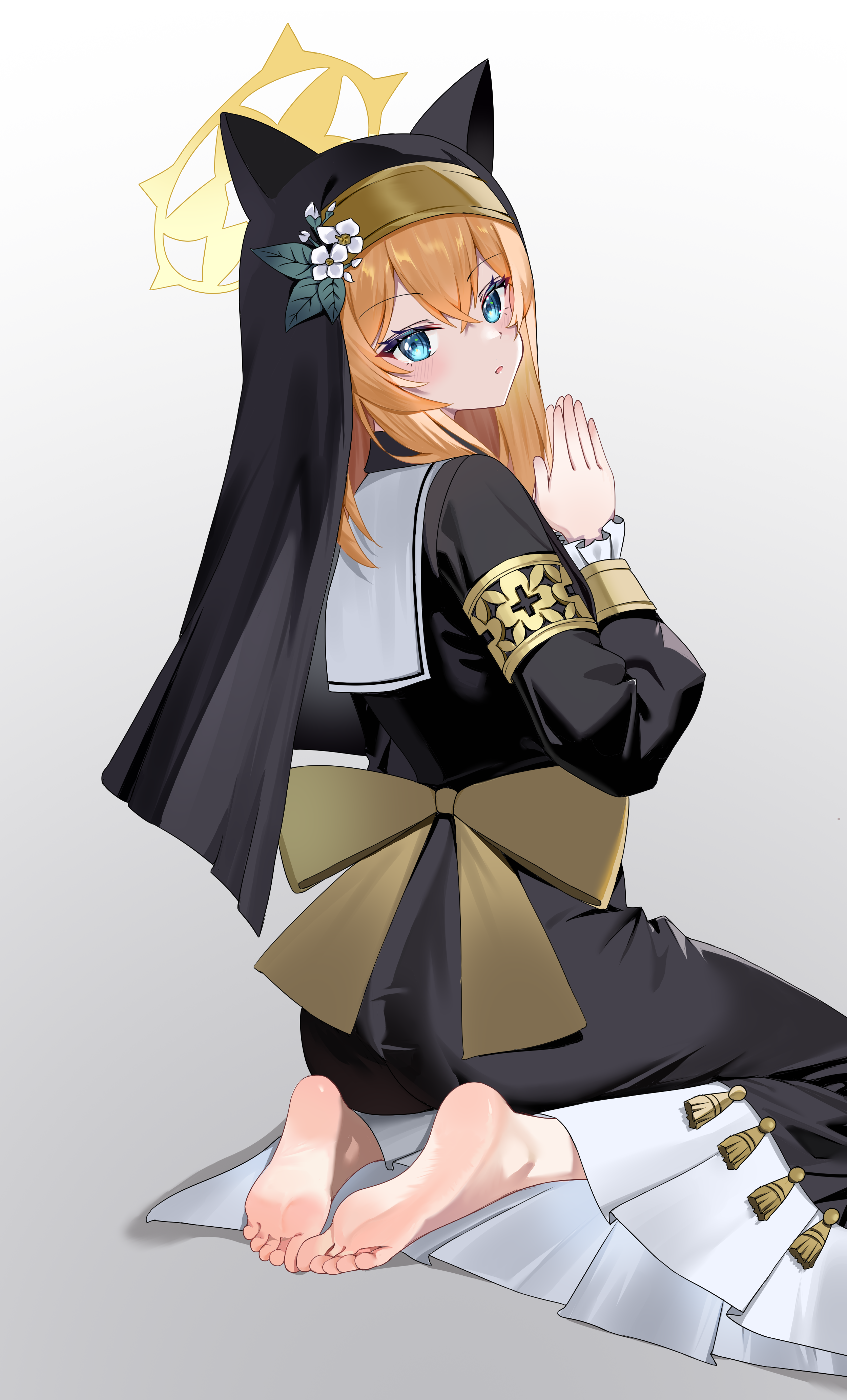listjoy, mari (blue archive), blue archive, absurdres, highres, 1girl, animal ears, barefoot, blue eyes, blush, feet, kneeling, long hair, looking at viewer, nun, orange hair, own hands together, parted lips, praying, seiza, sitting, soles, toes