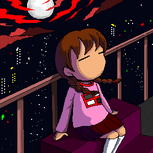 madotsuki, yume nikki, lowres, 1girl, arms at sides, braid, female focus, moon, oekaki, pink shirt, purple skirt, shirt, skirt, solo, twin braids
