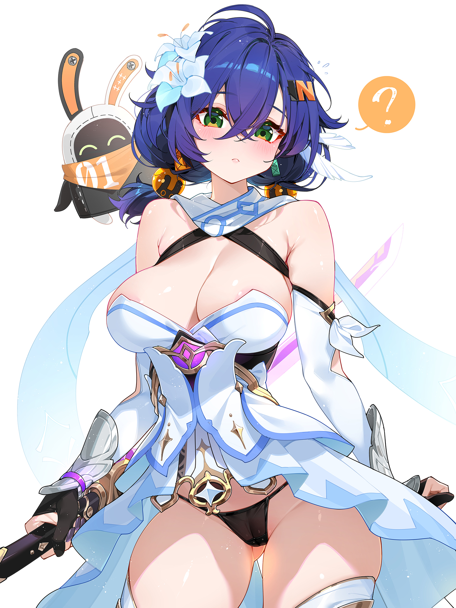 waterring, bangboo (zenless zone zero), belle (zenless zone zero), eous (zenless zone zero), lumine (genshin impact), genshin impact, mihoyo, zenless zone zero, highres, 1girl, :<, ?, areola slip, black gloves, black panties, blue hair, breasts, cameltoe, cosplay, dress, flower, gloves, green eyes, hair flower, hair ornament, high-low dress, holding, holding sword, holding weapon, large breasts, letter hair ornament, light particles, looking at viewer, lumine (genshin impact) (cosplay), mistsplitter reforged (genshin impact), panties, reverse grip, short hair, solo, sphere hair ornament, spoken question mark, strapless, strapless dress, sword, thighhighs, underwear, weapon, white background, white dress, white sleeves, white thighhighs