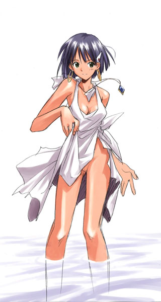 akamatsu ken, magi (cu-little2), nadia la arwall, fushigi no umi no nadia, 1990s (style), 1girl, breasts, cleavage, clothes lift, dress, dress lift, earrings, female focus, green eyes, hair ornament, hairclip, jewelry, necklace, no panties, purple hair, pussy, retro artstyle, short hair, skirt, skirt lift, solo, uncensored, wading, water
