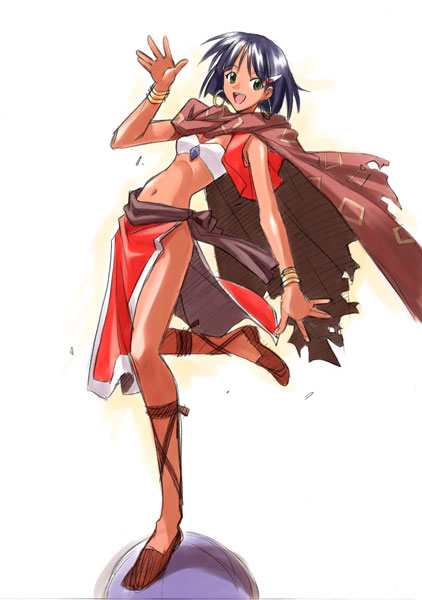akamatsu ken, magi (cu-little2), nadia la arwall, fushigi no umi no nadia, cross-laced footwear, 1990s (style), 1girl, bandeau, bandeau bikini, bracelet, cloak, dark-skinned female, dark skin, earrings, female focus, green eyes, hair ornament, hairclip, jewelry, loincloth, midriff, necklace, pelvic curtain, purple hair, retro artstyle, sandals, short hair, smile, solo, strapless, tube top, vest, waving